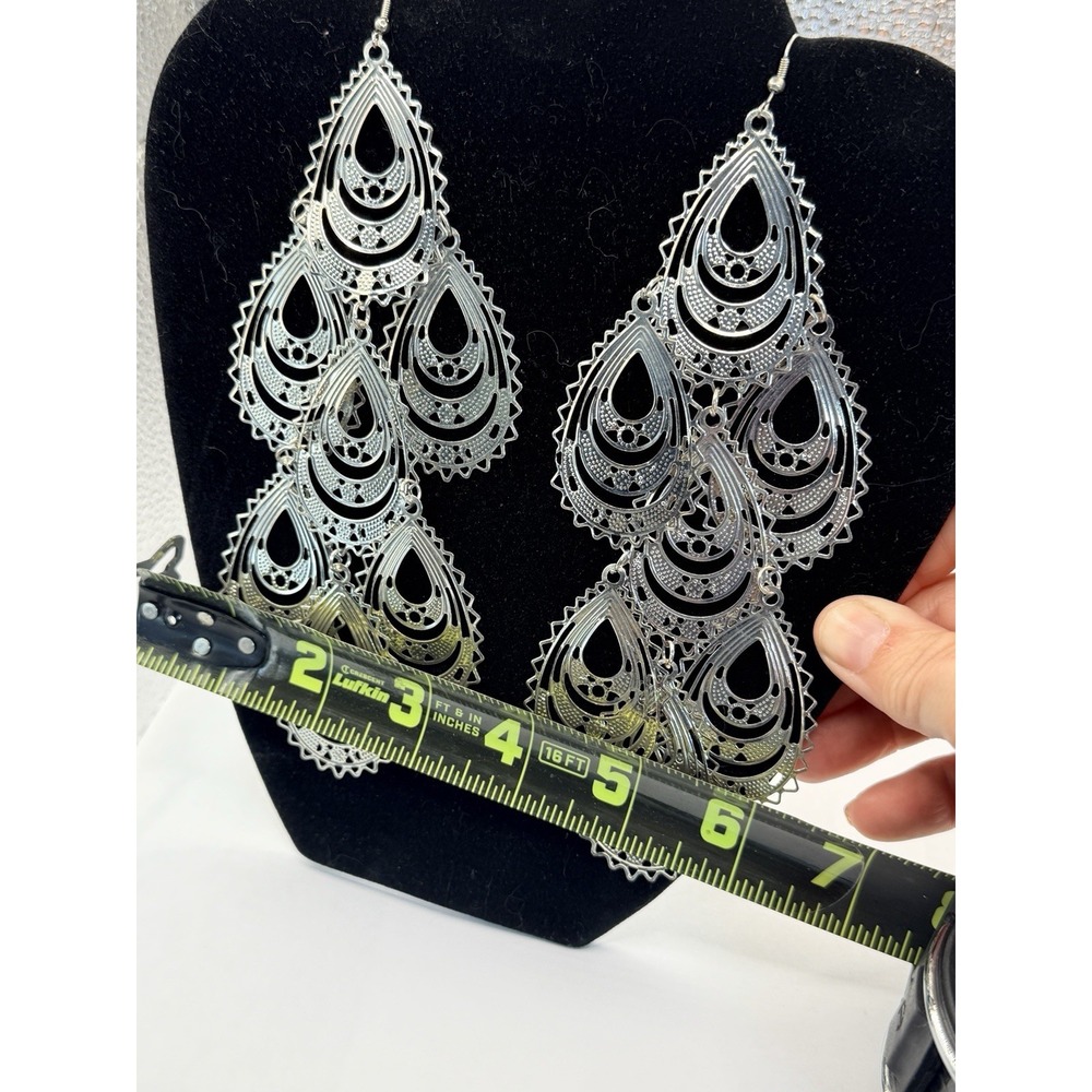 Chandelier Earrings Silver Tone Boho Dangle Large 7" cascading filigree teardrop - Picture 4 of 4